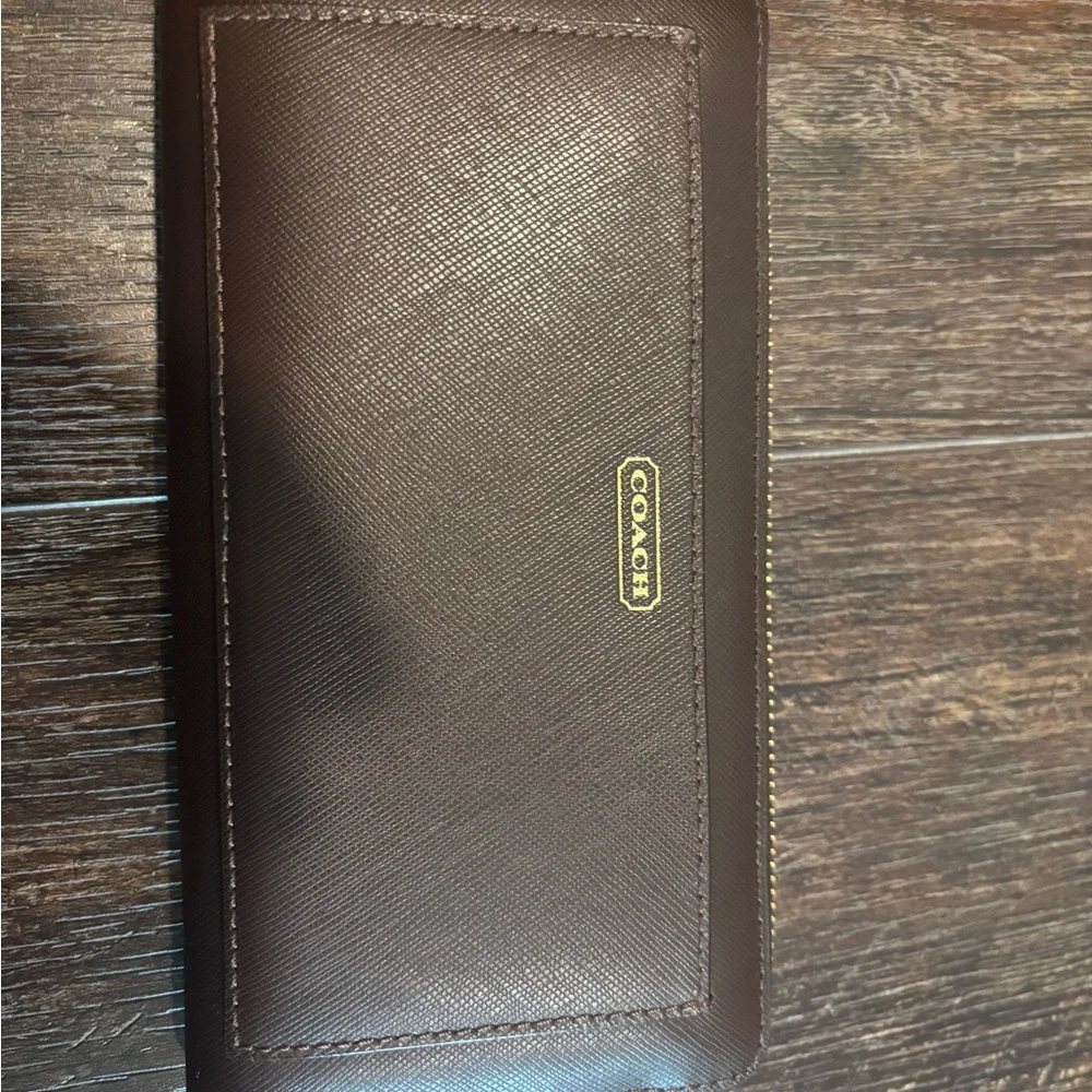 COACH Dark Brown Leather Zip-Around Wallet with Gold Logo
